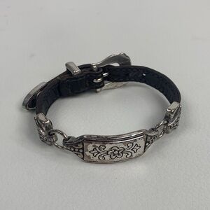 Brighton Silver & Brown Leather Bracelet with floral design Vintage Adjustable